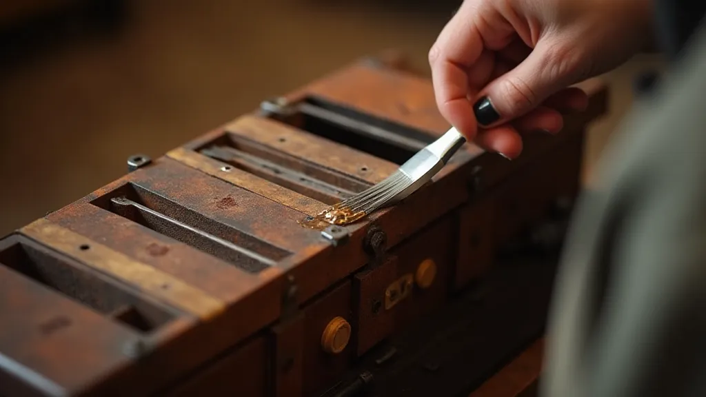Accordion bellows being oiled during restoration