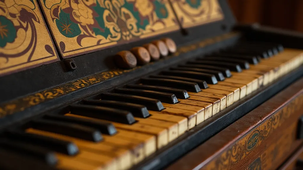 Close-up of an antique accordion's bellows and keys