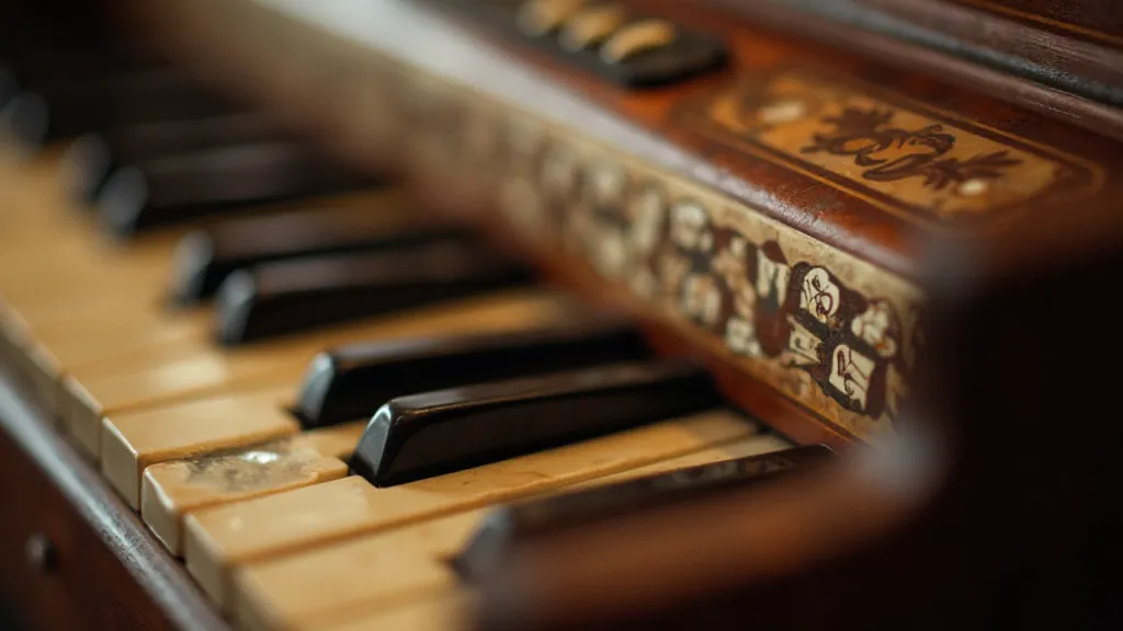 Close-up of antique accordion's mother-of-pearl keys