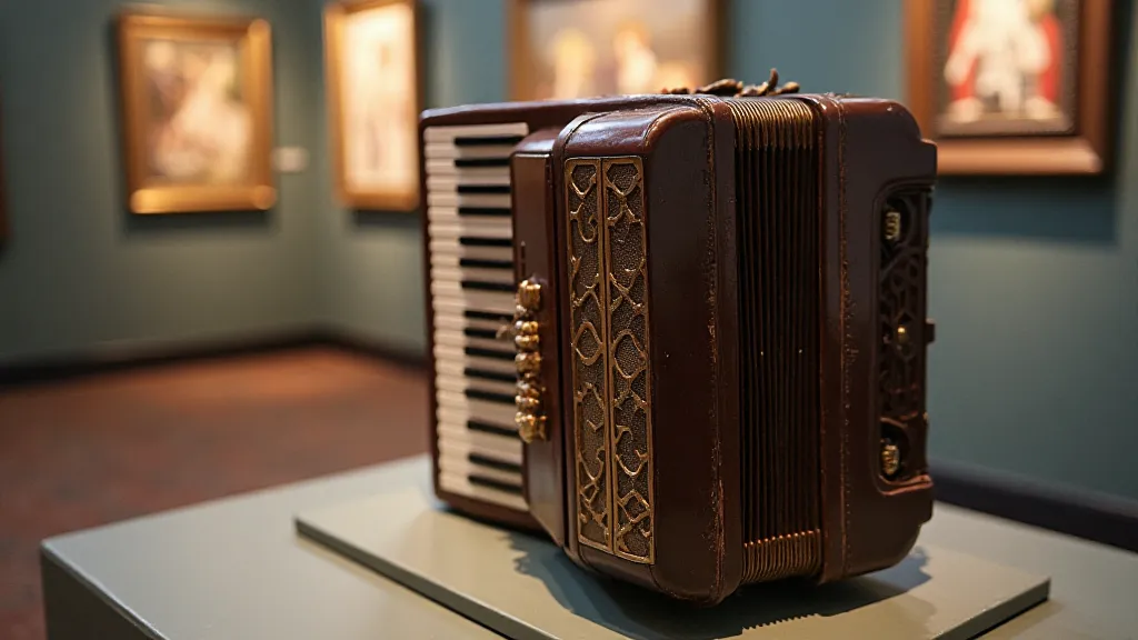 Antique accordion on display in a museum