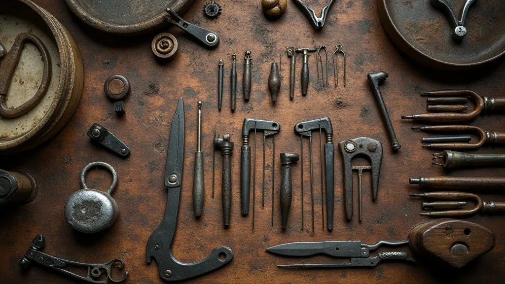 Antique accordion repair tools on a workbench