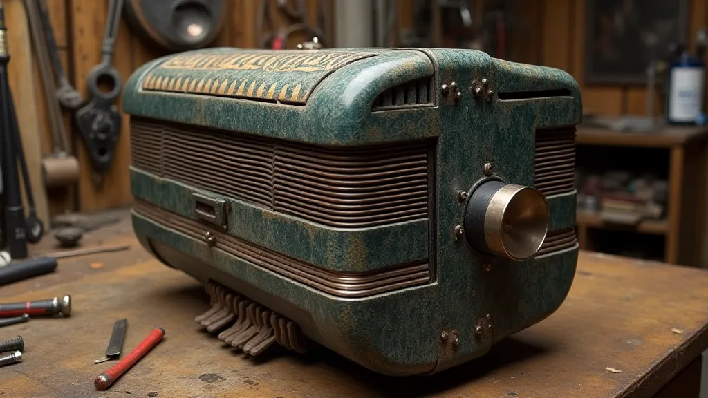Vintage American accordion on a workbench