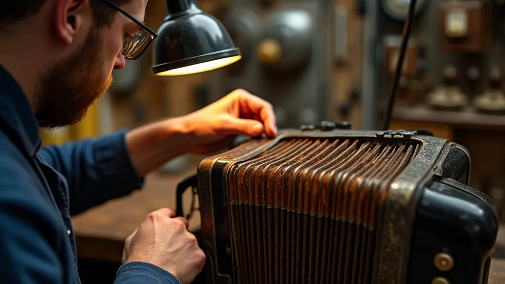 Accordion restorer examining bellows